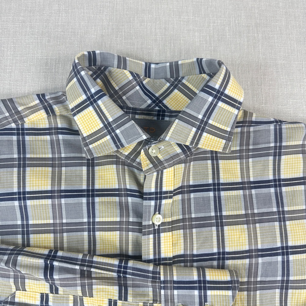 Thomas Dean Button Down Mens Large Yellow Grey Plaid Pima Cotton Long Sleeve - Picture 4 of 13